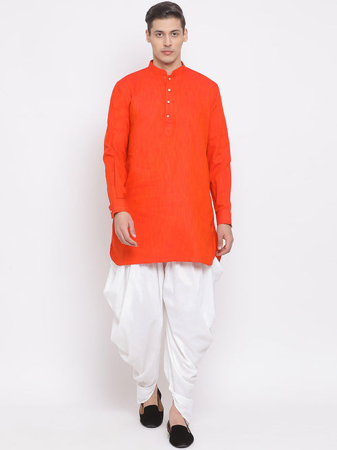 Vastramay Men's Red Cotton Blend Kurta and White Dhoti Set